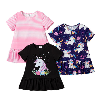 PATPAT Mädchen Kleid Set, Packung mit 3 Sommerkleider mit Kurzen Ärmeln und Rüschen in 3 verschiedenen Prints, Hochzeit Geburtstag Party Bankett Urlaub, Prinzessin Kleider für Mädchen 2-7 Jahre