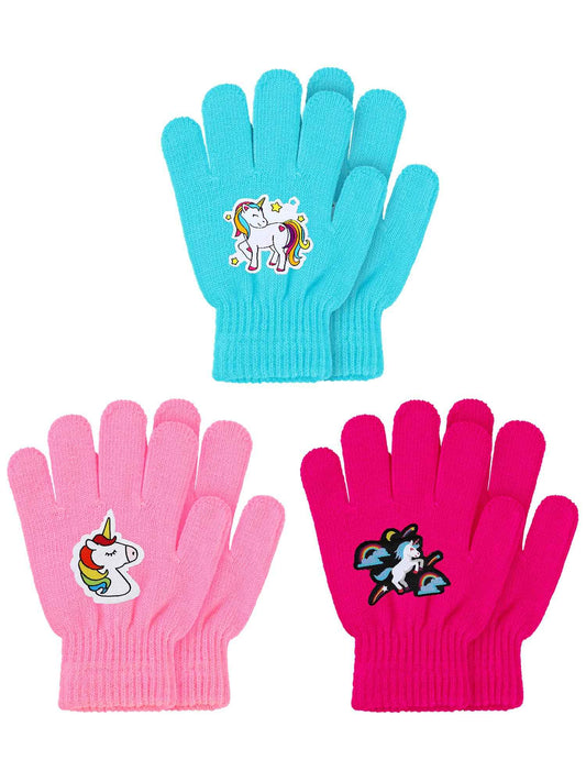Geyoga 3 Pairs of Children's Full Finger Knitted Gloves Winter Unicorn Mittens for Boys Girls Aged 4-10