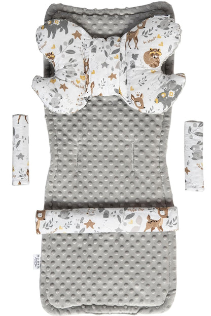 Sitzauflage Kinderwagen Buggy Baby Sommer Kindersitz Einlage Universal - 5tgl Gurtpolster + Spielbogen Kinderwagenset Babyschale (Safari mit beige Minky)