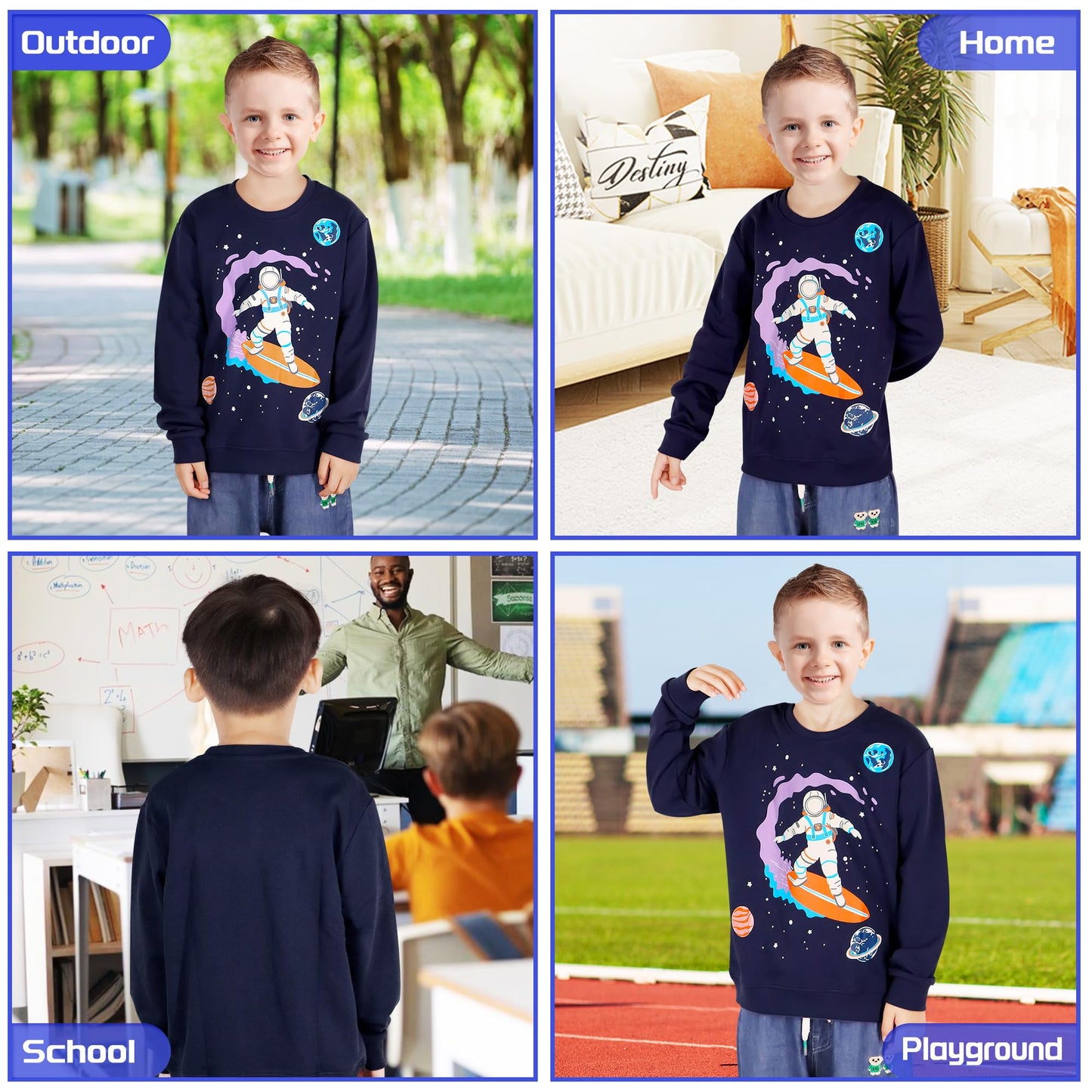Sweatshirt Children's Boys Glow in the Dark Dinosaur Sweatshirt Astronaut Print Pullover Sport Navy Long Sleeve Warm Cotton Top Jogging Sweatshirt 2-7 Years, Size 92-122