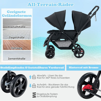 COSTWAY Folding Double Pushchair, Twin Pushchair with Adjustable Backrest and Hood, Travel Buggy with Reclining Function, Twin Buggy Pushchair for Baby from 6 Months, 30 kg Load Capacity (Grey)