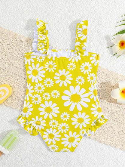 JiAmy Einteiliger Mädchen Badeanzug Blumenmuster Rüschen Elastischen Trägern Ärmellos Kleinkinder Schwimmkleidung für 2–7 Jahre/92-122
