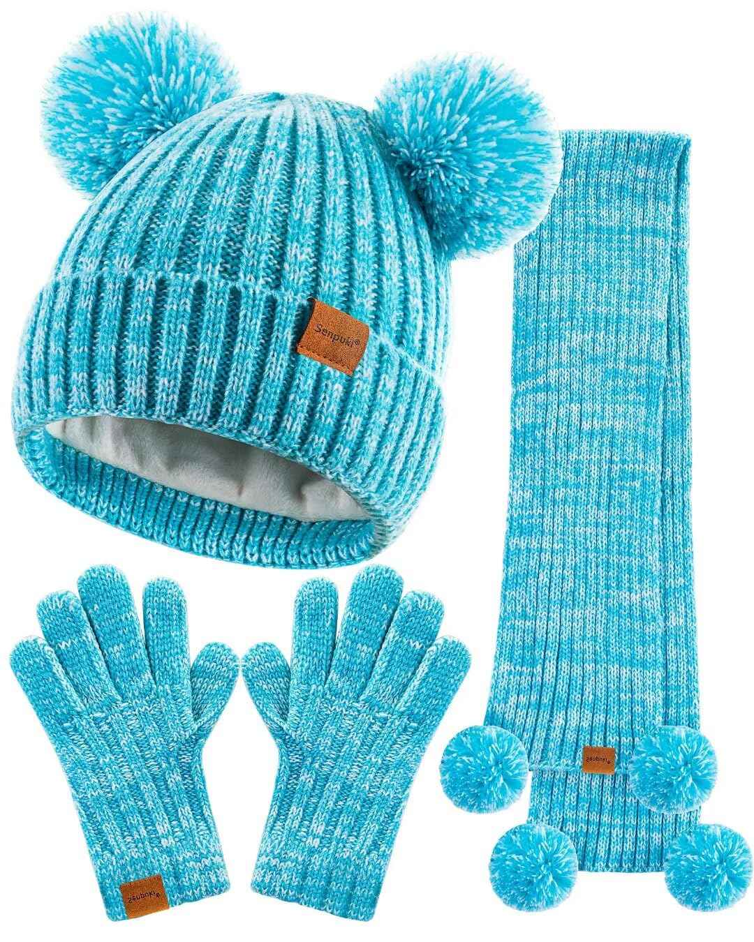 SENPUKI Gloves Hat and Scarf Children's Set, Girls Toddler Kids Beanie Hat Winter with Bobble Knitted Neck Warmer Neckerchief Tube Scarf Gloves Mittens Fleece Lined Gift Set
