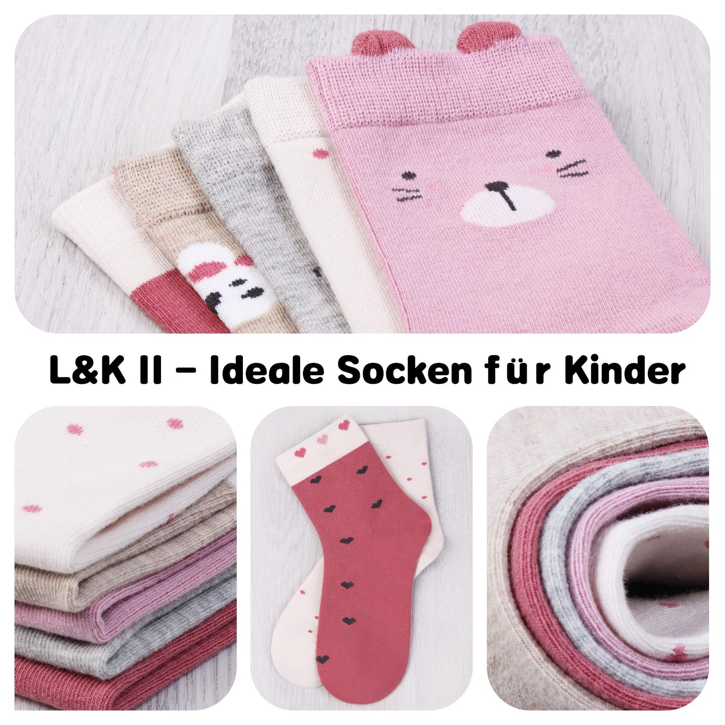 L&K-II 10/12 Paar Kinder Mädchen Socken mit niedlichen Herzmustern Kids Füßlinge Sneakersocken bunt 2825