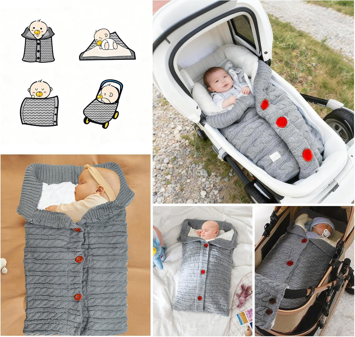 Winterfußsack, Fußsack Kinderwagen, Universal Wintersack Buggy, Stricken Footmuff, Babyschlafsack Winter mit Fleece, Warmes Fußsäcke, Kinderwagendecke für Baby von 0-12 Monaten (Grau)