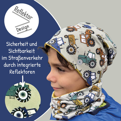 Heckbo 360° Reflector Children's Hat & Loop Scarf Set, Many Designs, 2–8 Years, 95% Cotton, Soft & Easy-Care Stretch Material, for Boys, Girls, Beanie for Spring, Summer, Autumn, Winter