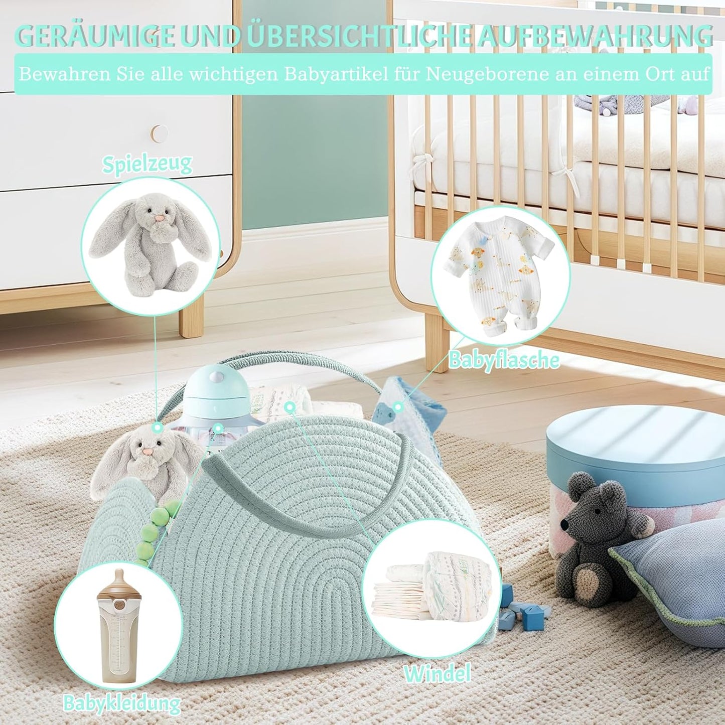 Wickeltasche Organizer, Baby Windel Caddy Korb, tragbare Aufbewahrungskorb für Wickeltisch, Wickelkorb Organizer mit Fächern & Griffen, Baumwollseilkorb für Baby Shower Geschenke (Weiß)