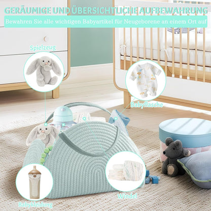 Wickeltasche Organizer, Baby Windel Caddy Korb, tragbare Aufbewahrungskorb für Wickeltisch, Wickelkorb Organizer mit Fächern & Griffen, Baumwollseilkorb für Baby Shower Geschenke (Weiß)
