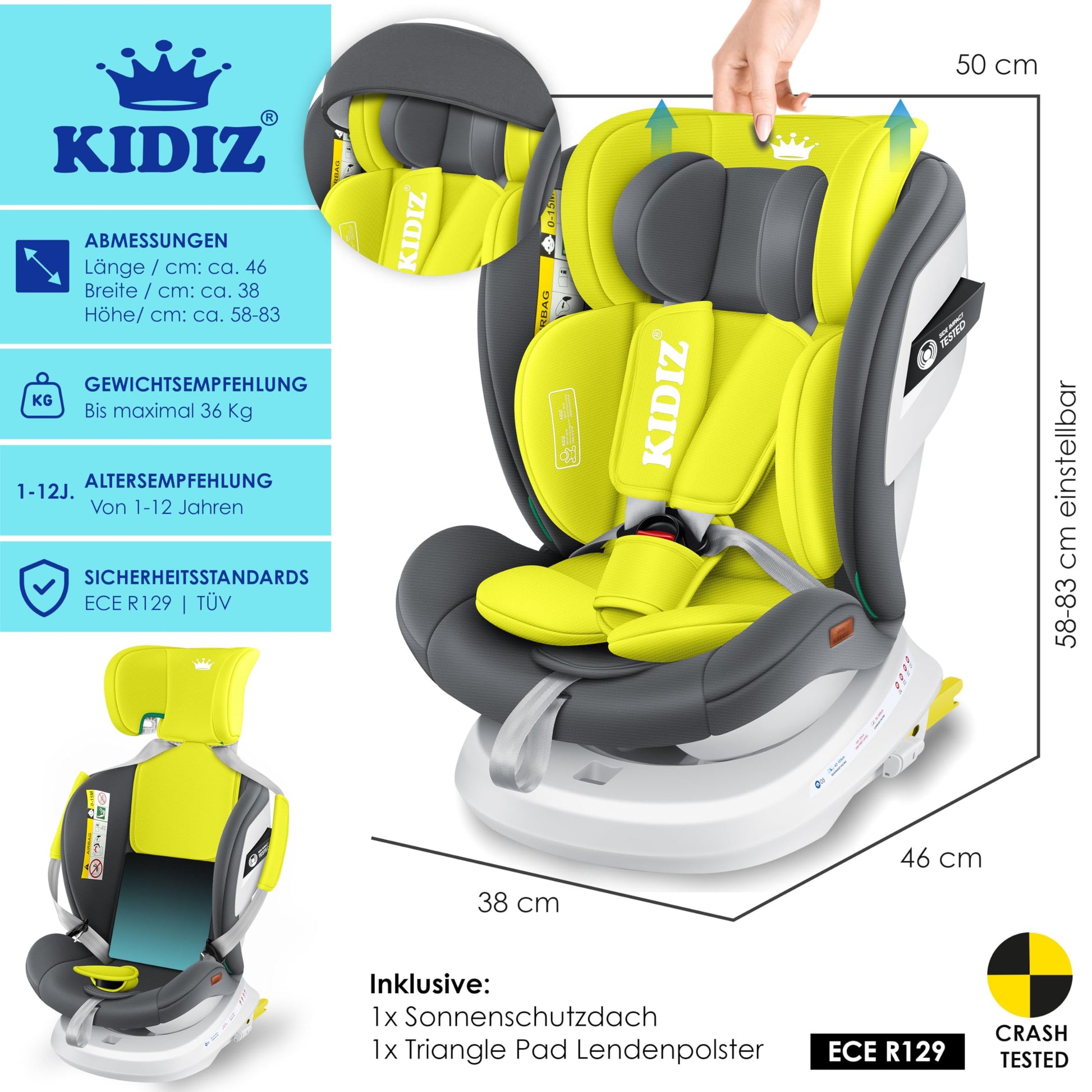 KIDIZ® Kindersitz Baby Autositz Kinderautositz Isofix Top Tether 360° drehbar Gruppe 0/1/2/3 ab Geburt 0-36kg Mit Sonnenschutzdach Seitenschutz 5 Punkt Gurt Kopfstützenverstellung ECE R129 Grau - Meloni2