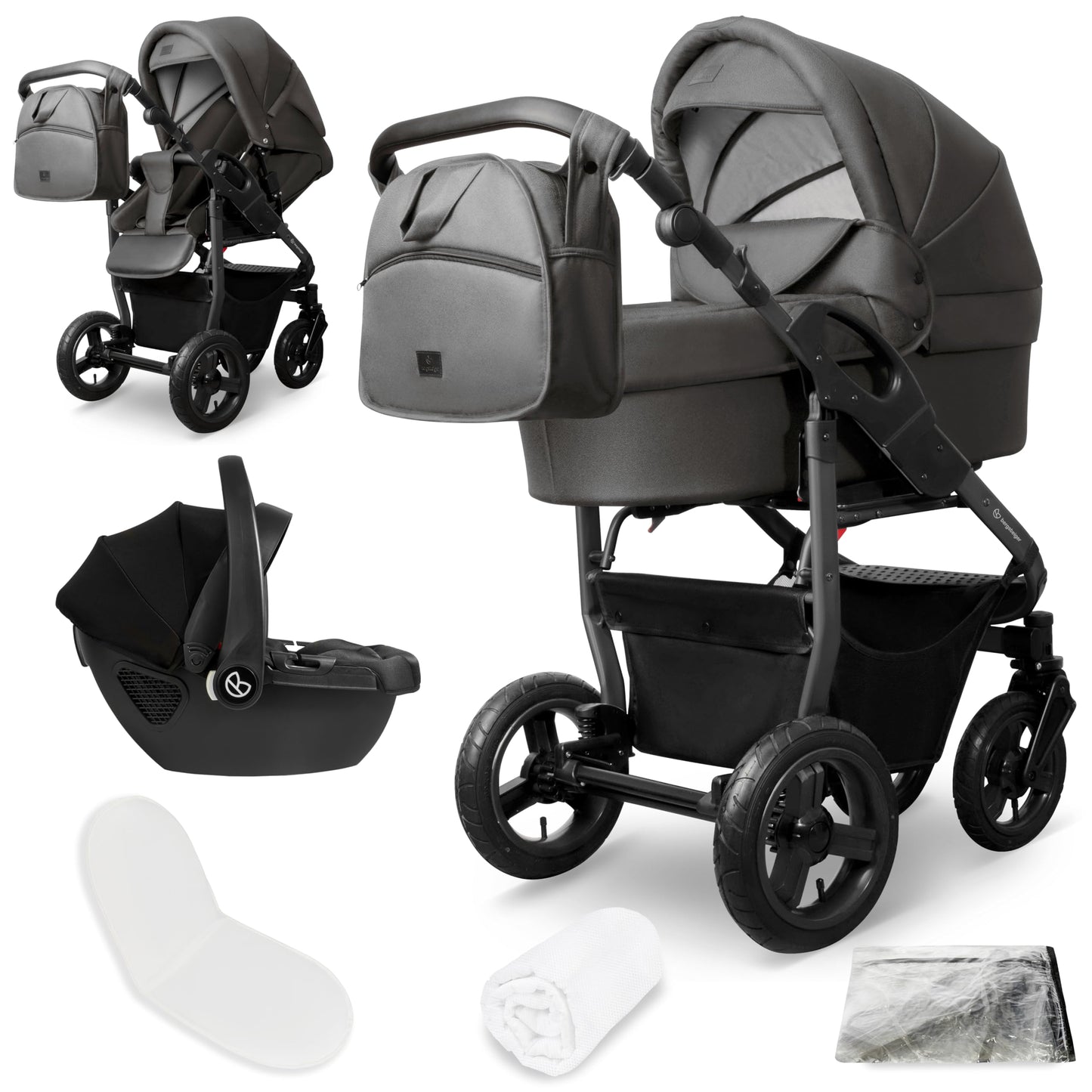 Bergsteiger Capri 3-in-1 Combination Pushchair - Baby Carrier, Sports Seat & i-Size Baby Seat, Pneumatic Tyres, Suspension, Height-Adjustable Handle, Foldable, Accessories