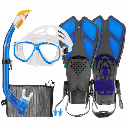 HH HHAO SPORT Children's snorkel set with fins, 180° panorama wide view diving goggles children, adjustable flippers, high-quality diving mask and dry top snorkel