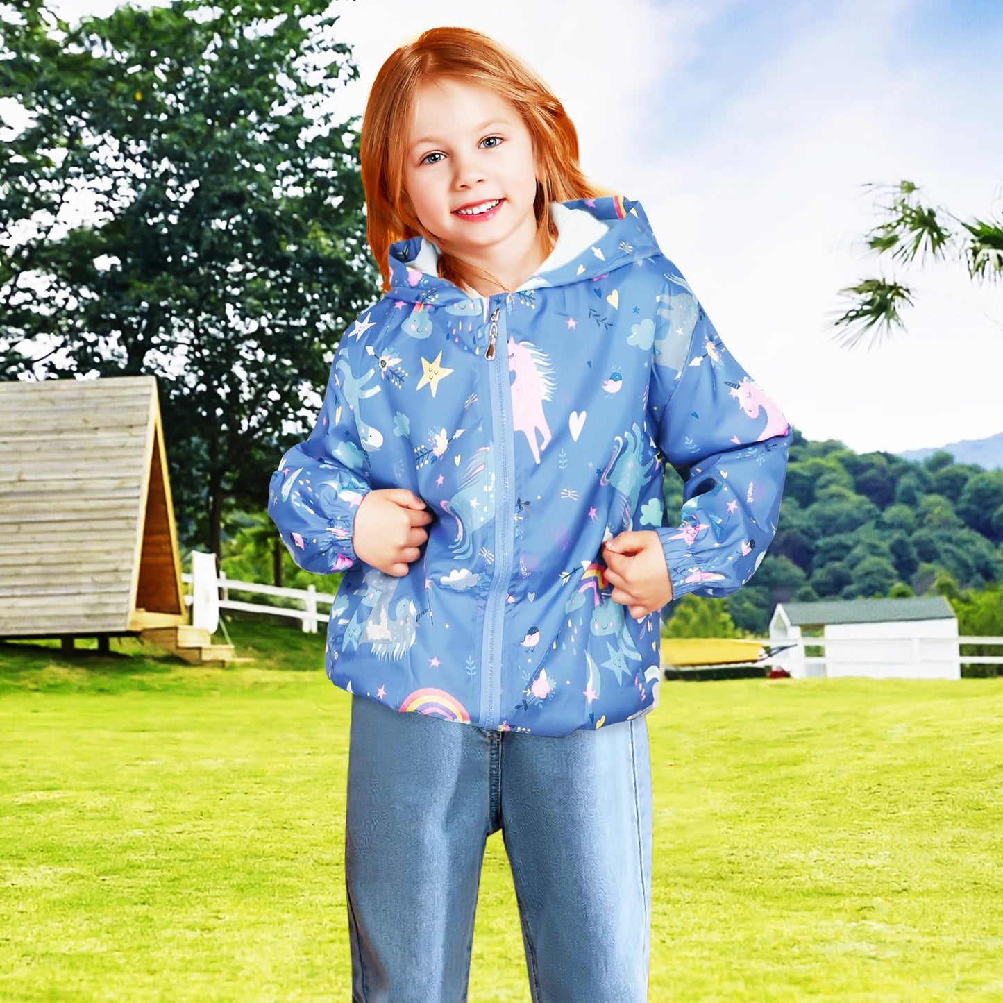 JinBei Jacken Mädchen Jacke Baby Kinder Kapuzen Sweatjacke Kapuzenjacke Cartoon Aufdruck Winddicht Mantel Windjacke Übergangsjack Frühling Herbst Outwear Softshelljacke Regenjacken 1-7 Jahre