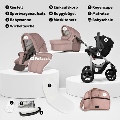 Bergsteiger Capri 3-in-1 Combination Pushchair - Baby Carrier, Sports Seat & i-Size Baby Seat, Pneumatic Tyres, Suspension, Height-Adjustable Handle, Foldable, Accessories
