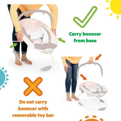 Bright Starts, Babywippe Babyschaukel Safari Fun mit Beruhigenden Vibrationen, Spielbogen mit 2 Spielzeugen, 3-Punkte-Gurt Sitz, Maschinenwaschbares Sitzpolster, ab der Geburt bis 9kg