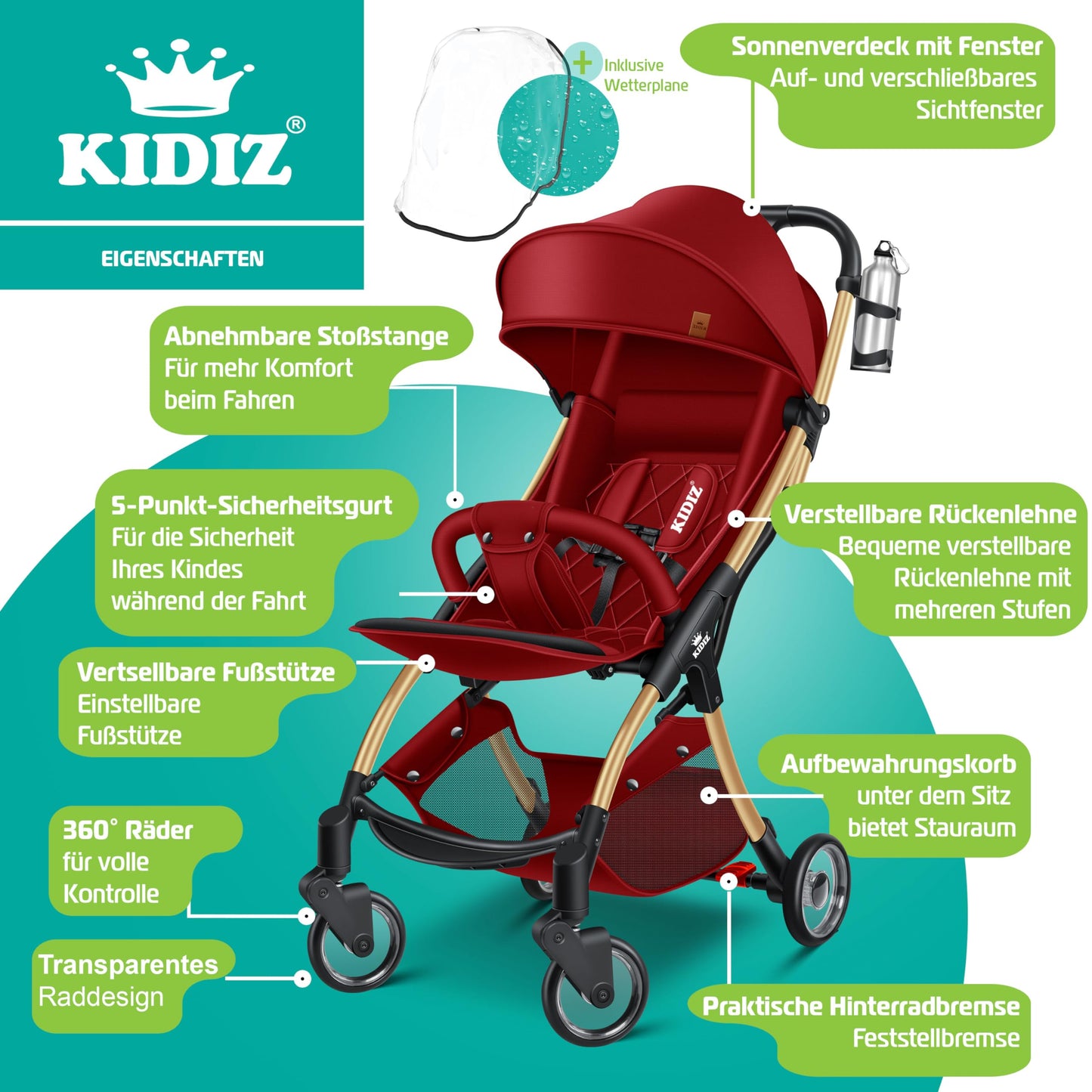 KIDIZ® Folding Pushchair, Sports Pram, 360° Wheels, 5-Point Harness, incl. Drinks Holder, Rain Cover, Adjustable Backrest and Sun Canopy, Red
