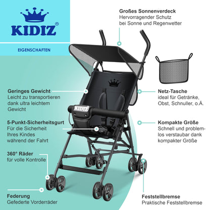 KIDIZ® City Buggy Foldable 360° 4 Inch Wheels Including Sun and Rain Cover Foldable 5-Point Safety Belt from 6 Months Anthracite - Meloni2