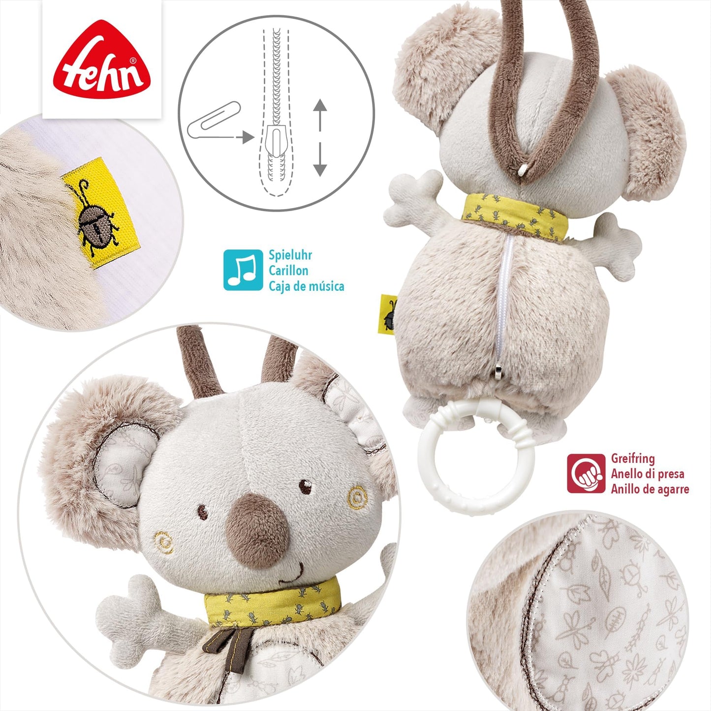 Fehn 154566 Music clock star - catch-up music box with removable playground for hanging on bed, stroller or baby bowl, for babies and toddlers from 0+ months, star, babylove, about 20cm