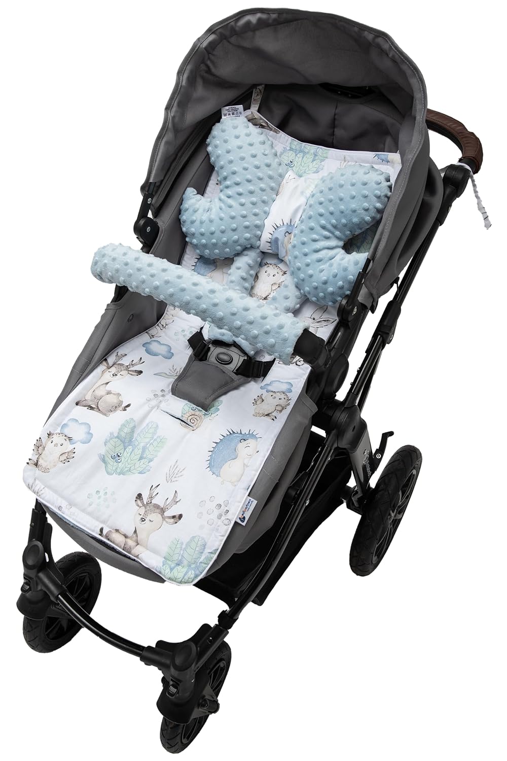 Sitzauflage Kinderwagen Buggy Baby Sommer Kindersitz Einlage Universal - 5tgl Gurtpolster + Spielbogen Kinderwagenset Babyschale (Safari mit beige Minky)