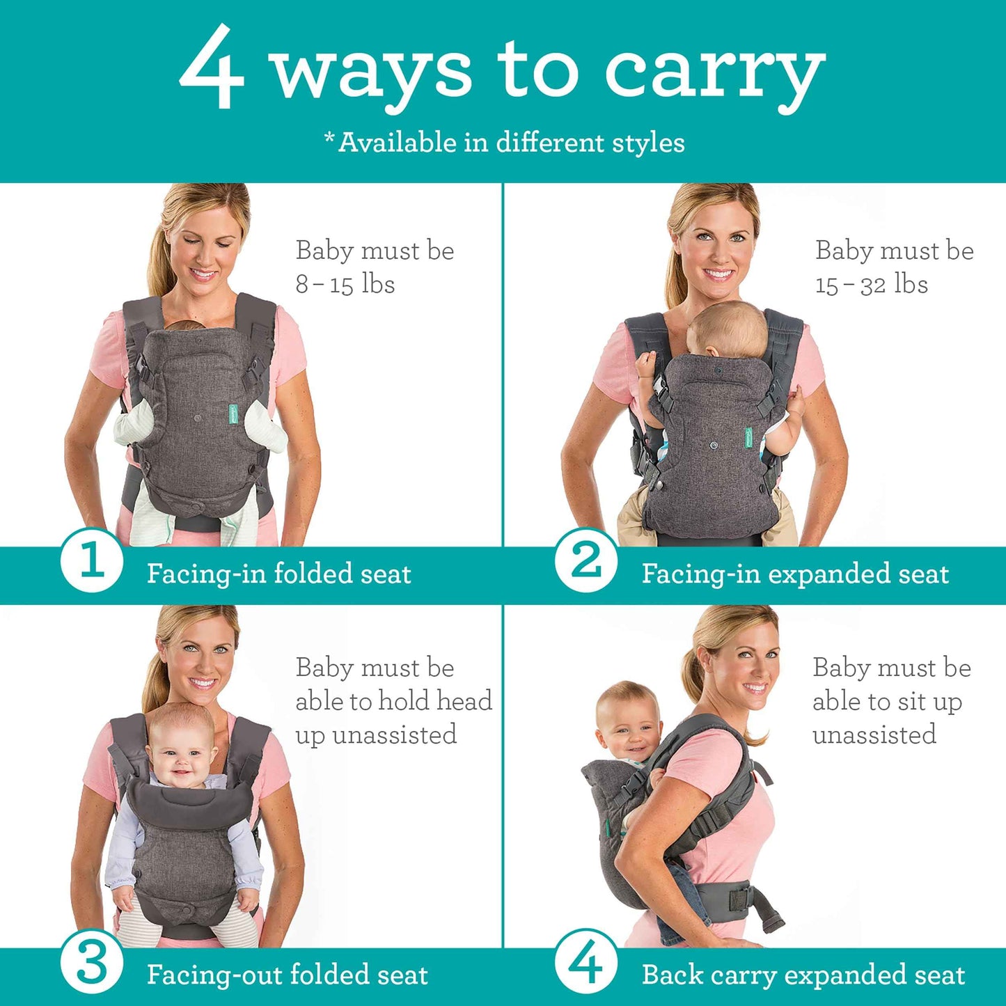 Infantino Flip Advanced 4-in-1 Babytrage, Ergonomisch, Umwandelbar, mit Blickrichtung Nach Innen und Außen, Vorne und Hinten Tragbar für Neugeborene bis Kleinkinder von 3,6-14,5 kg, Grau