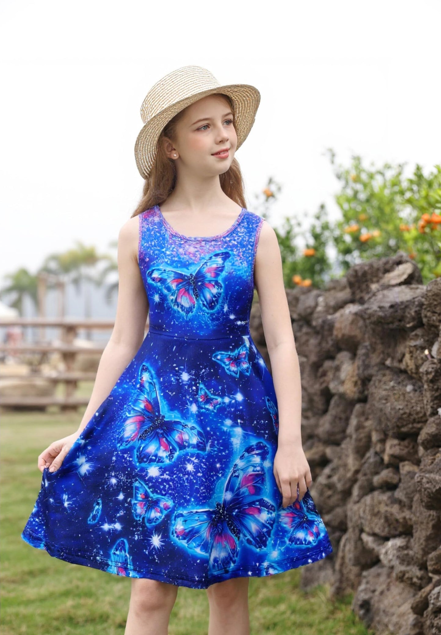 kids4ever Mädchen Kleid Ärmellos Sommerkleid Rundhals A-Linie Swing Kleid Meerjungfrau Galaxie Prinzessin Party Geburtstag 4-12 Jahre