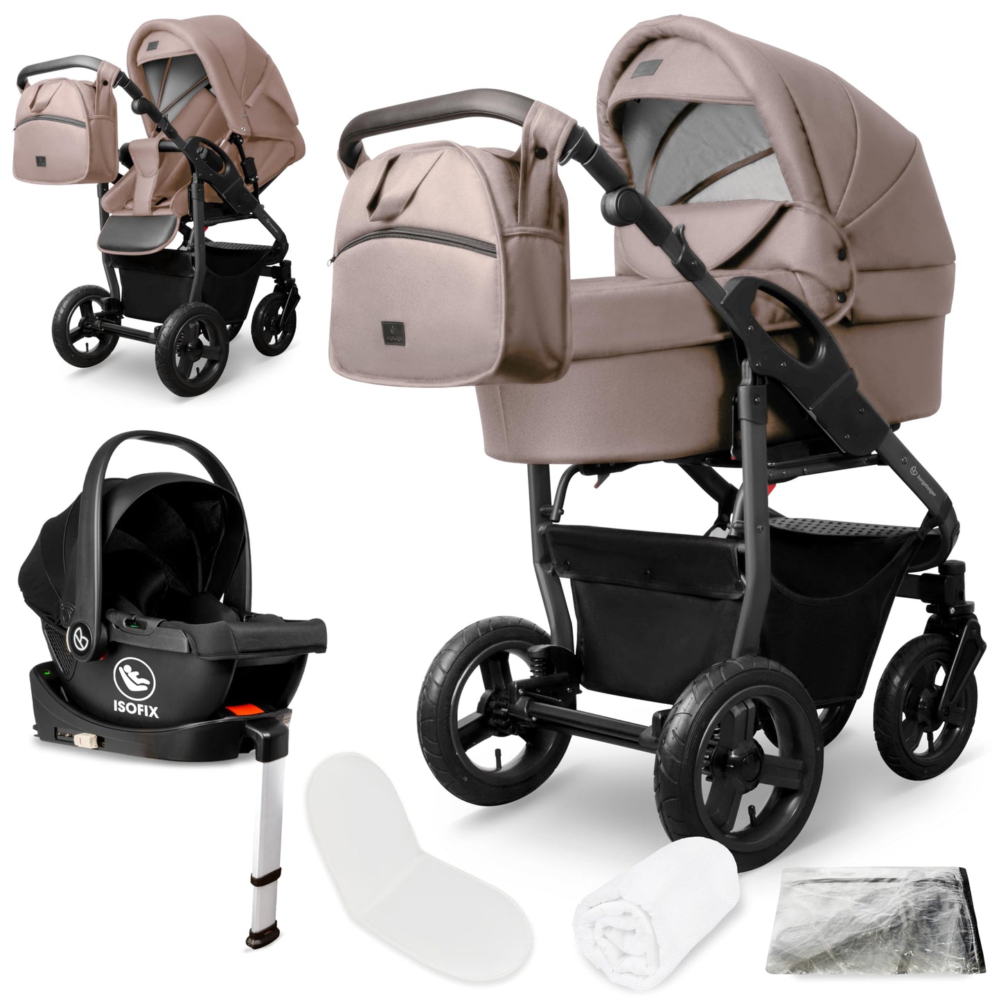 Bergsteiger Capri 3-in-1 Combination Pushchair - Baby Carrier, Sports Seat & i-Size Baby Seat, Pneumatic Tyres, Suspension, Height-Adjustable Handle, Foldable, Accessories