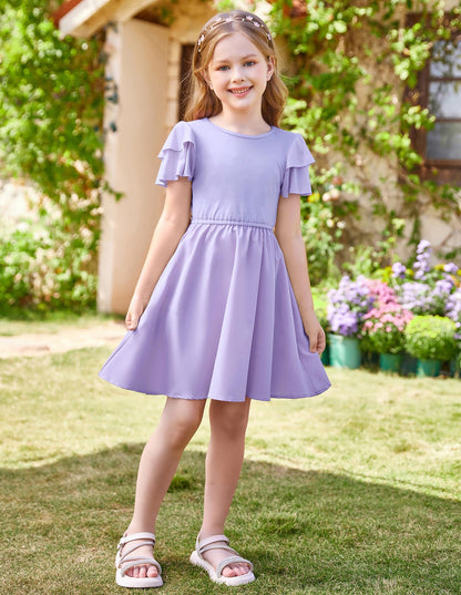 GRACE KARIN Girls Summer Dress Ruffle Short Sleeve Casual A-Line Princess Dress with Pockets Wedding Flower Girl Dresses 