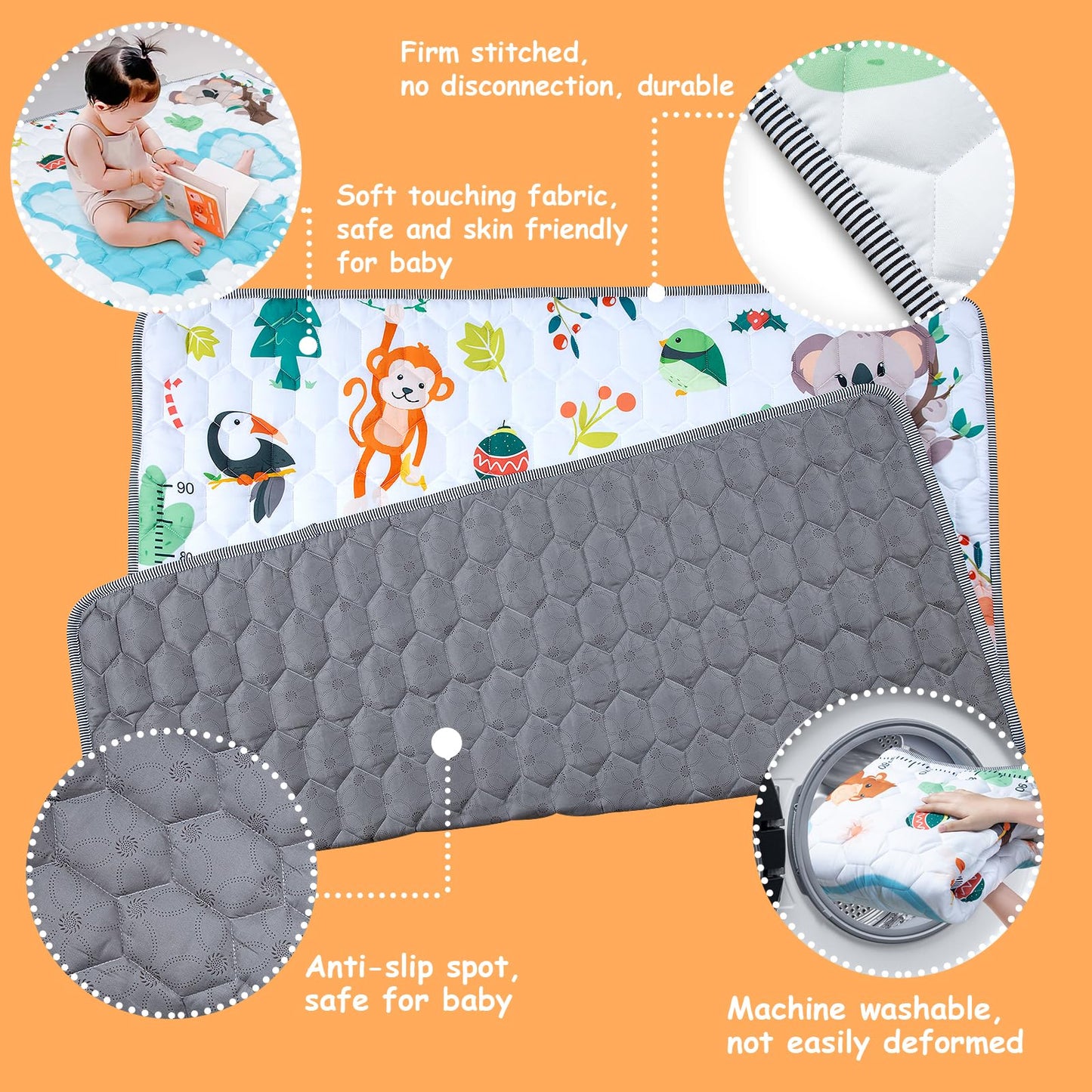 Funsland crawling carpet for babies, non-slip baby play mat, non-toxic 127x127cm, cotton animal crawling mat for babies, foldable with a height ruler, children's play mat for indoors/outdoors/fences 