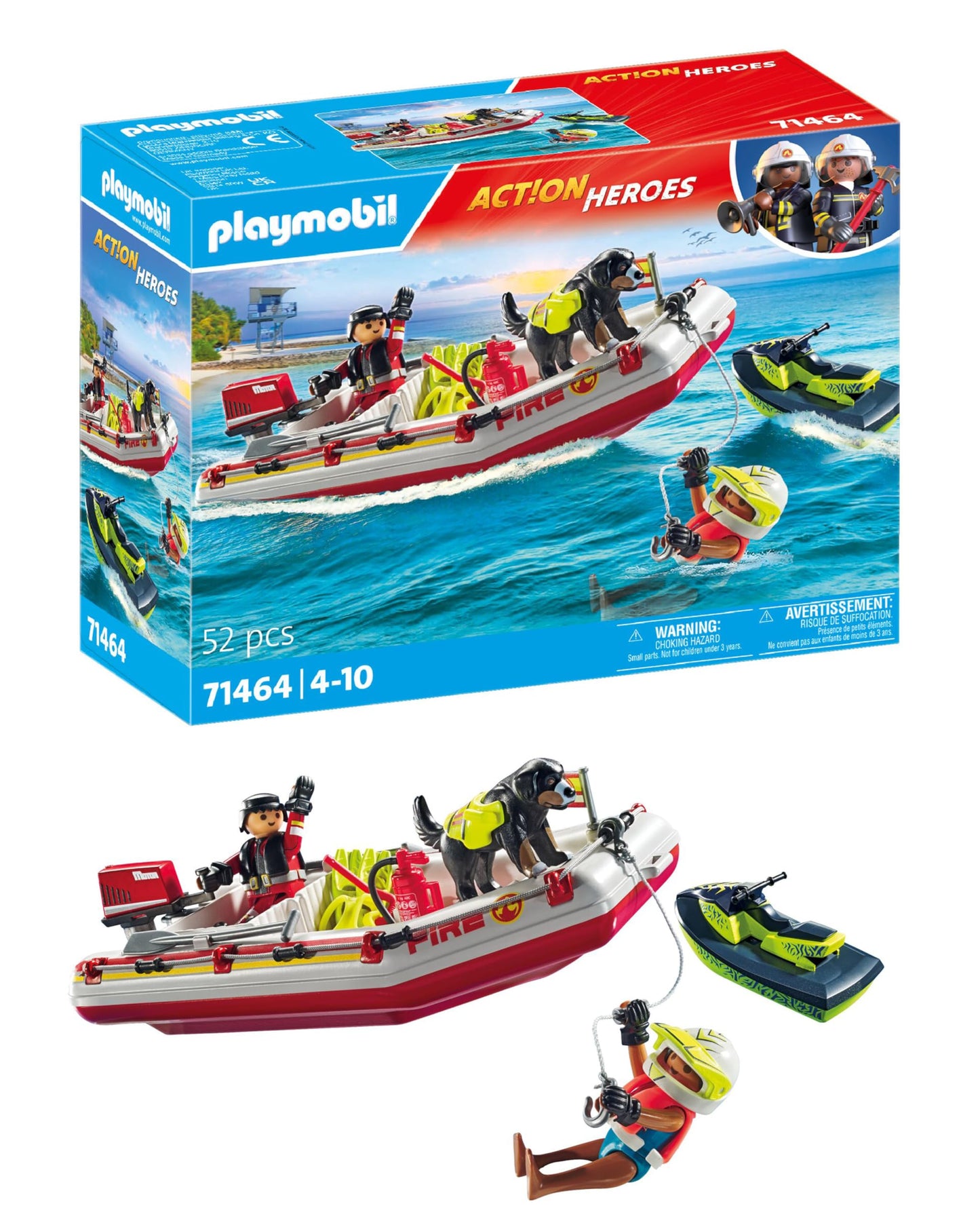 PLAYMOBIL Action Heroes 71464 Fire Boat with Aqua Scooter, Exciting Water Rescue, Includes Diving Goggles, Flippers and Life Jacket, Realistic Toy for Children from 4 Years