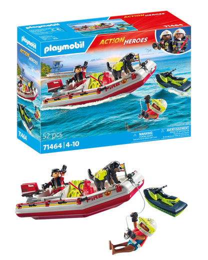 PLAYMOBIL Action Heroes 71464 Fire Boat with Aqua Scooter, Exciting Water Rescue, Includes Diving Goggles, Flippers and Life Jacket, Realistic Toy for Children from 4 Years