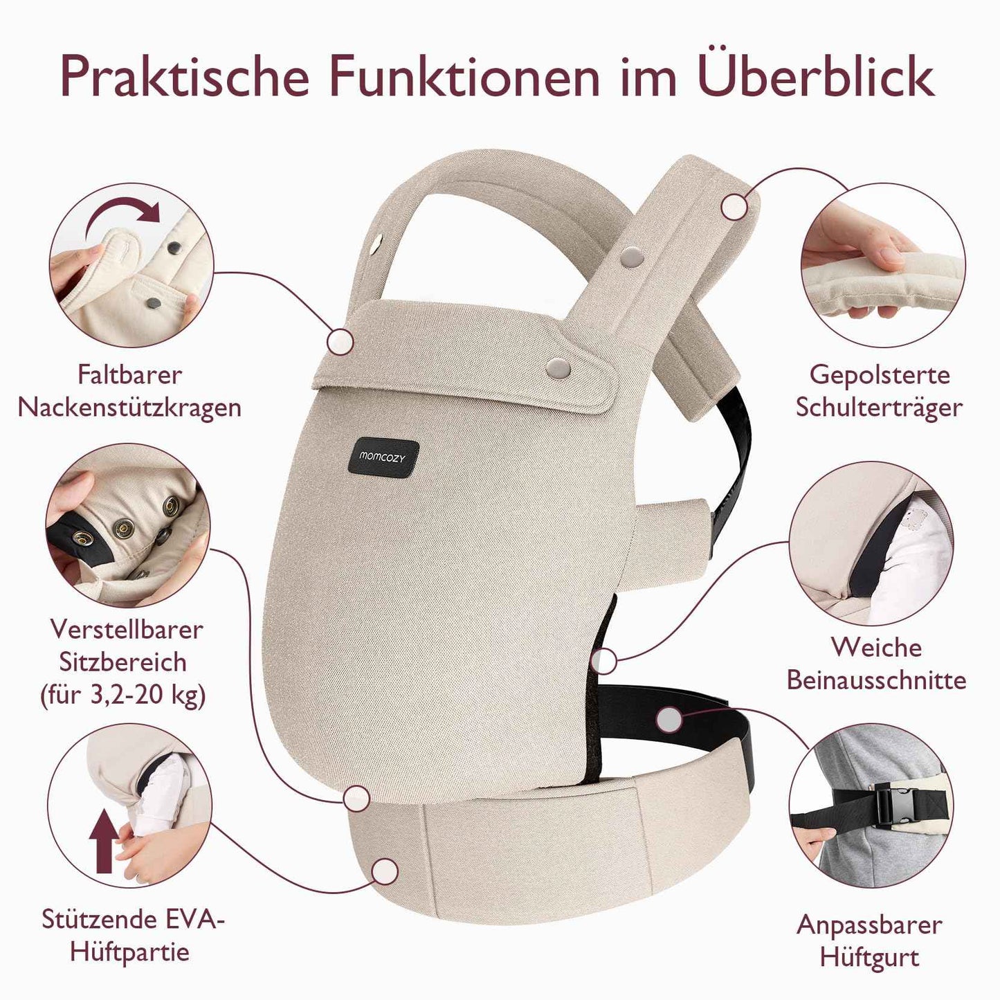 Momcozy Babytrage aus 100% Baumwolle – Baby Carrier für Kleinkind (3-24 Monate, 3,2-20 kg) · Ergonomische M-Position · X-Rücken · Taillengurt 64-127cm, Khaki