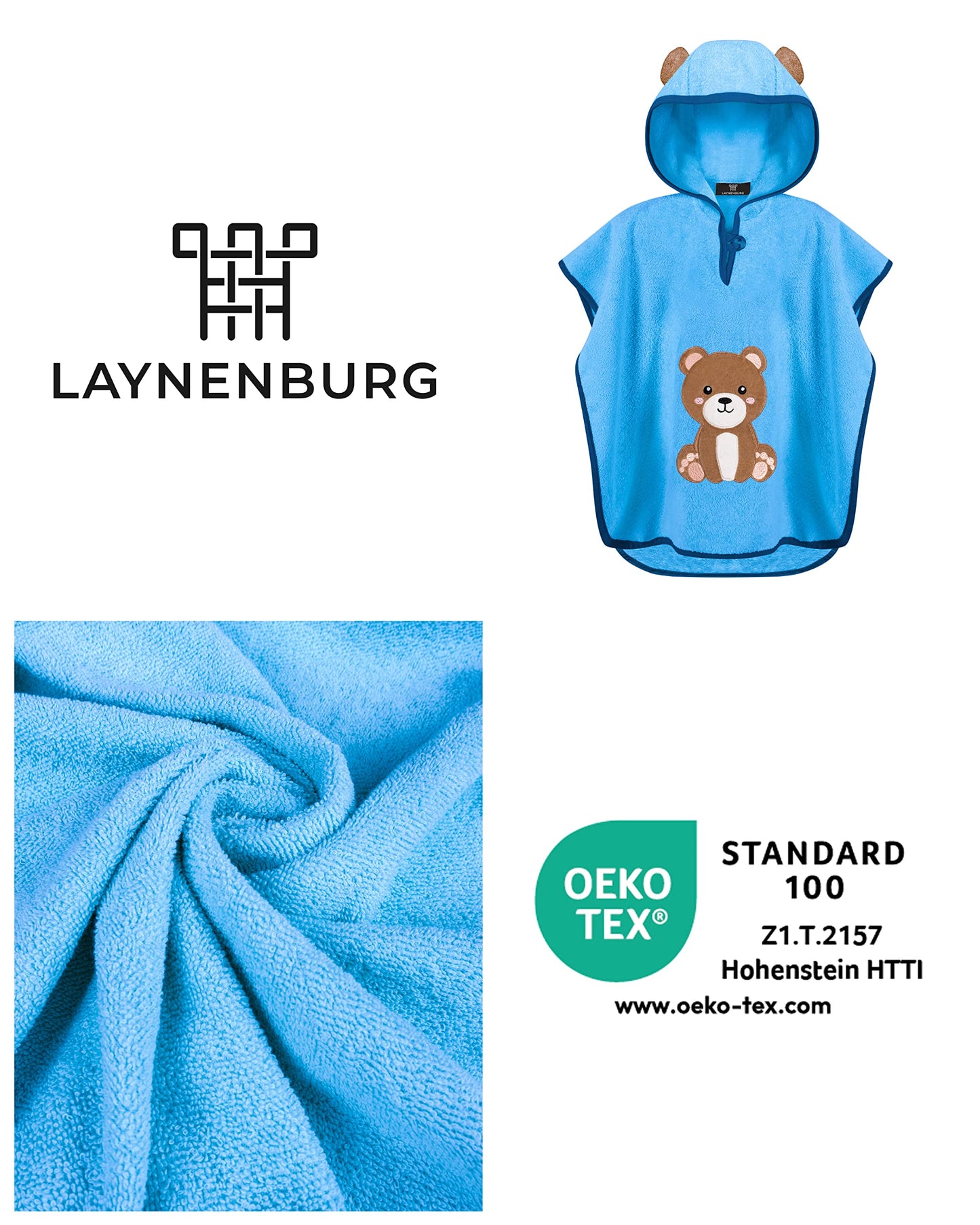 LAYNENBURG Premium Badeponcho Kinder mit Kapuze - 100% Baumwolle - OEKO TEX - Baby Jungen Mädchen Handtuch Poncho Frottee
