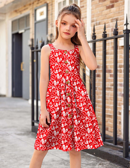 Arshiner Mädchen Kleider Ärmelloses Kinderkleid Knopfleiste Trägerkleid Sommer Baumwolle Swingkleid Festliches A-Linie Freizeitkleid Elegant Kleid für Mädchen 5-14 Jahre