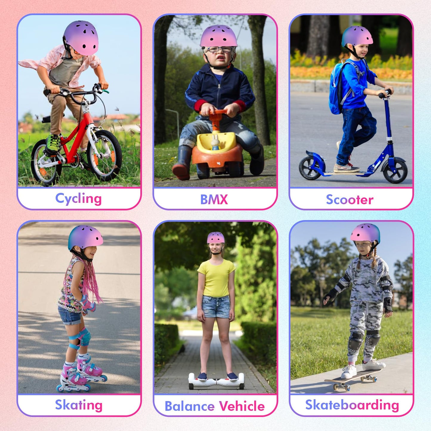 LOKJIJI Verstellbarer Kinder Fahrradhelm Skaterhelm für Mädchen Jungen Kinder Jugend, Farbe Farbverlauf Kinder Schutzhelme für Multi-Sportarten Fahrrad Skateboard Skaten
