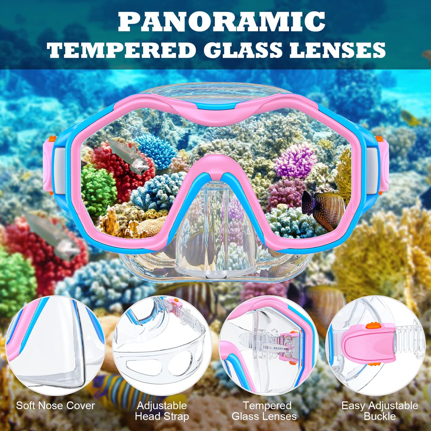 JEMULICE Taucherbrille Kinder, Schwimmbrille Kinder Schnorchelmaske für Jungen Mädchen, Tauchmaske mit Nasenabdeckung 180°Panorama HD Anti Nebel Anti-Leck Schwimmmaske für Kinder 4-16 Jahre