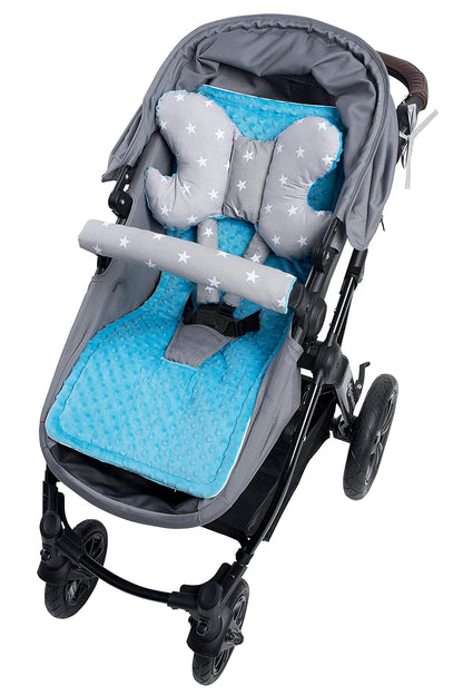 Sitzauflage Kinderwagen Buggy Baby Sommer Kindersitz Einlage Universal - 5tgl Gurtpolster + Spielbogen Kinderwagenset Babyschale (Safari mit beige Minky)