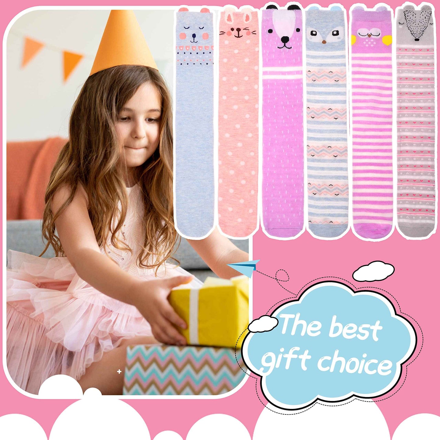 ANTSANG Girls' Knee Socks 6 Pairs for Children Gifts Long Funny Children's Socks Animal Cotton Socks 3-12 Years