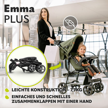 LIONELO Emma Plus Kinderwagen bis zu 15 kg, Kindersportwagen, leicht modern klein Buggy mit Liegeposition, zusammenklappbar, große Räder, großer Korb, Tasche Stone