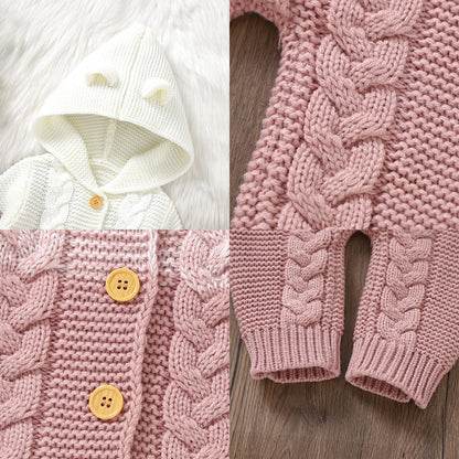 OBEEII Newborn Baby Knitted Romper Jumpsuit with Hood Ear Onesies Pullover Winter Warmer Onesie Bodysuit for Boys Girls