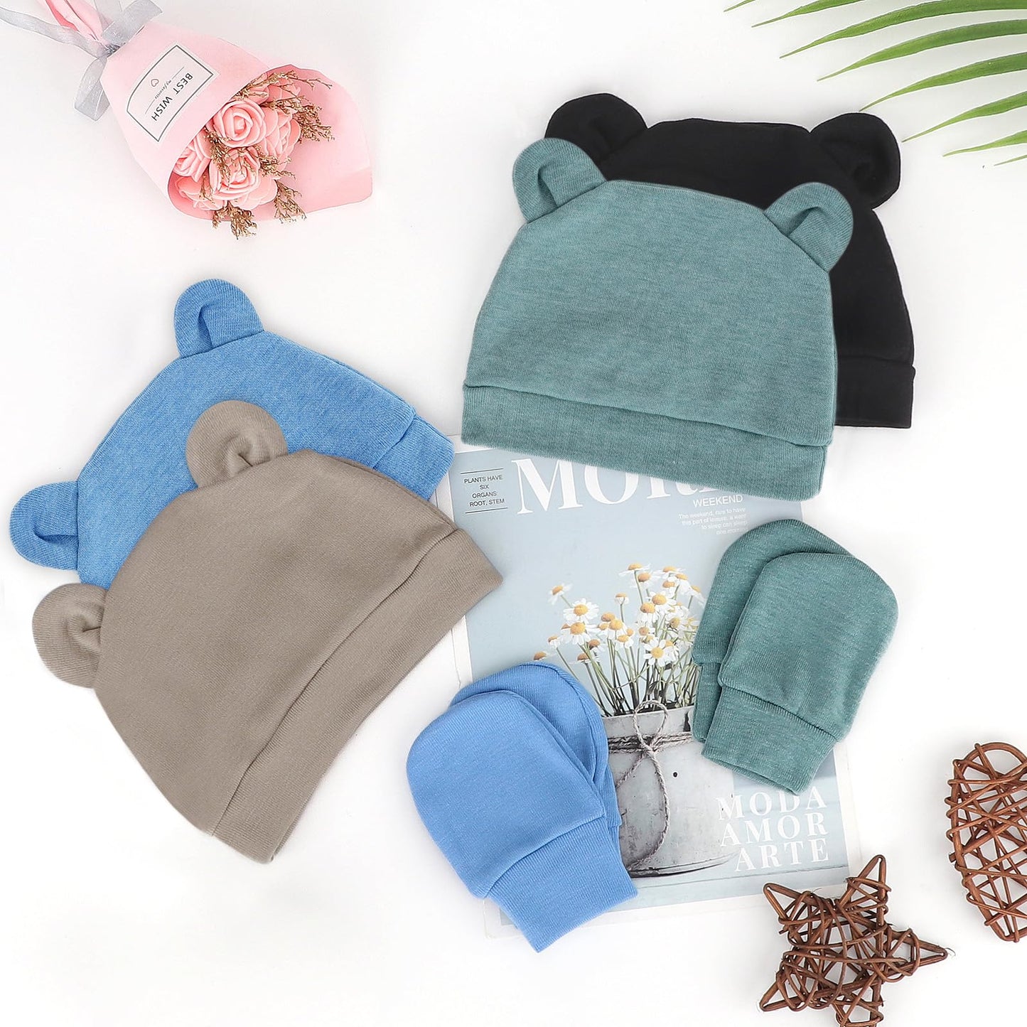 DRESHOW Newborn Baby Hat and Gloves Set Beanie Clothing Unisex Infant Hat Kindergarten Cap Baby Boys Girls 0-6 Months 