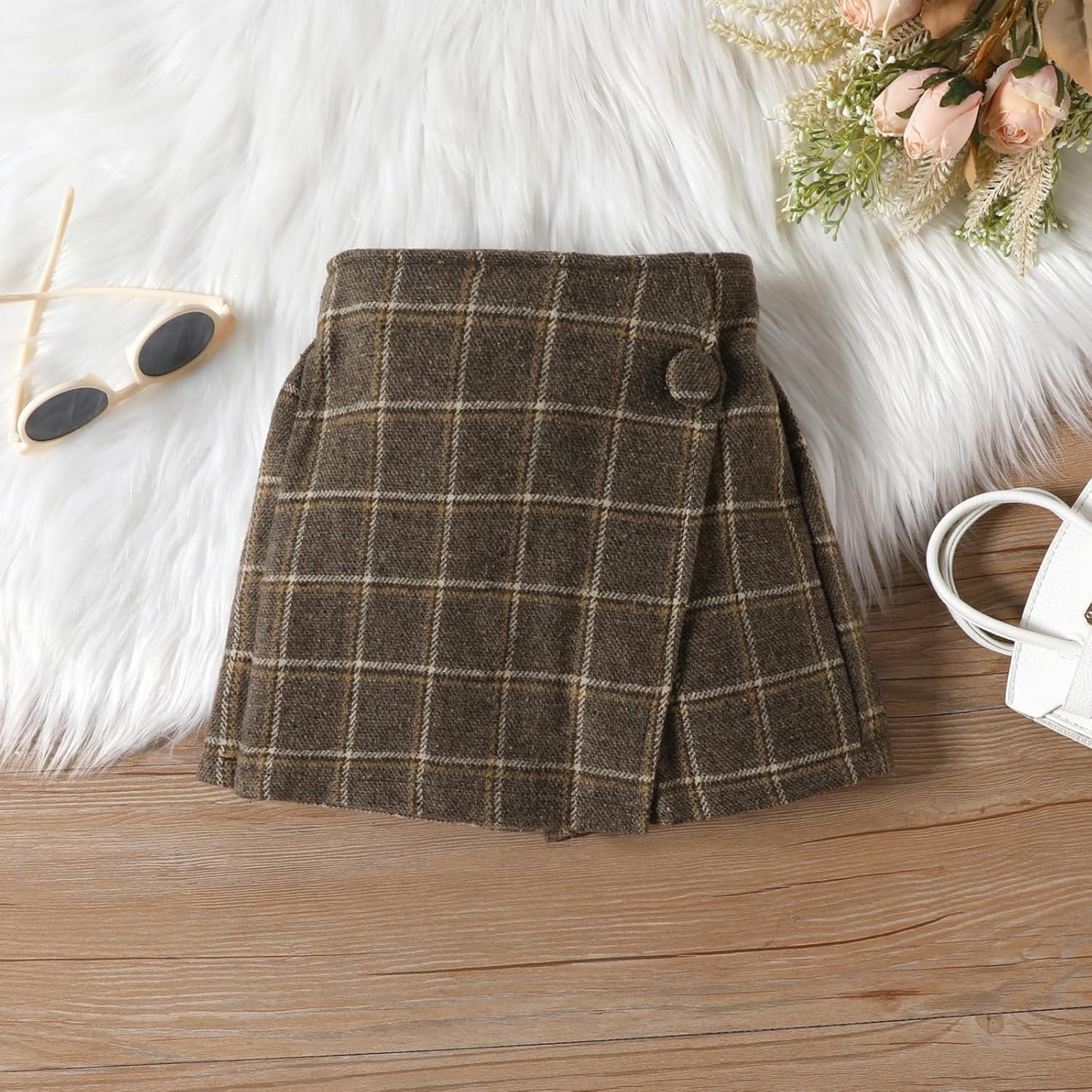 UUAISSO Kleinkind Baby Mädchen Kleidung Langarm Gerippte Oberteile Plaid Tweed Muster Rock Baskenmütze Herbst Knopf Outfits Sets