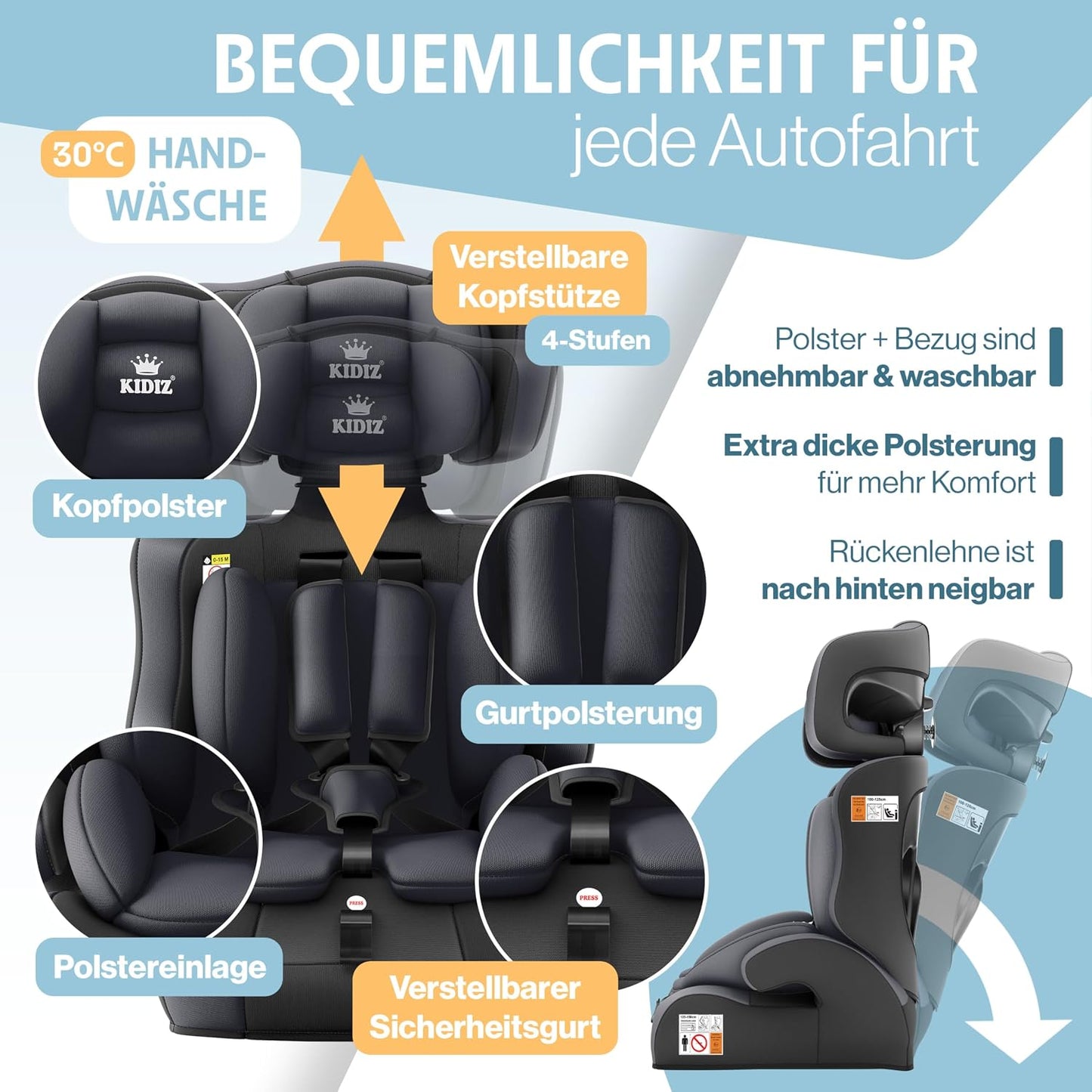 Autokindersitz mit Isofix i-Size R129 100-150cm bis 12 Jahre, Kinderautositz Gruppe 1/2/3, mitwachsender Kindersitz, 5-Punkt-Gurt & höhenverstellbare Kopfstütze, Sitzerhöhung Auto, Schwarz
