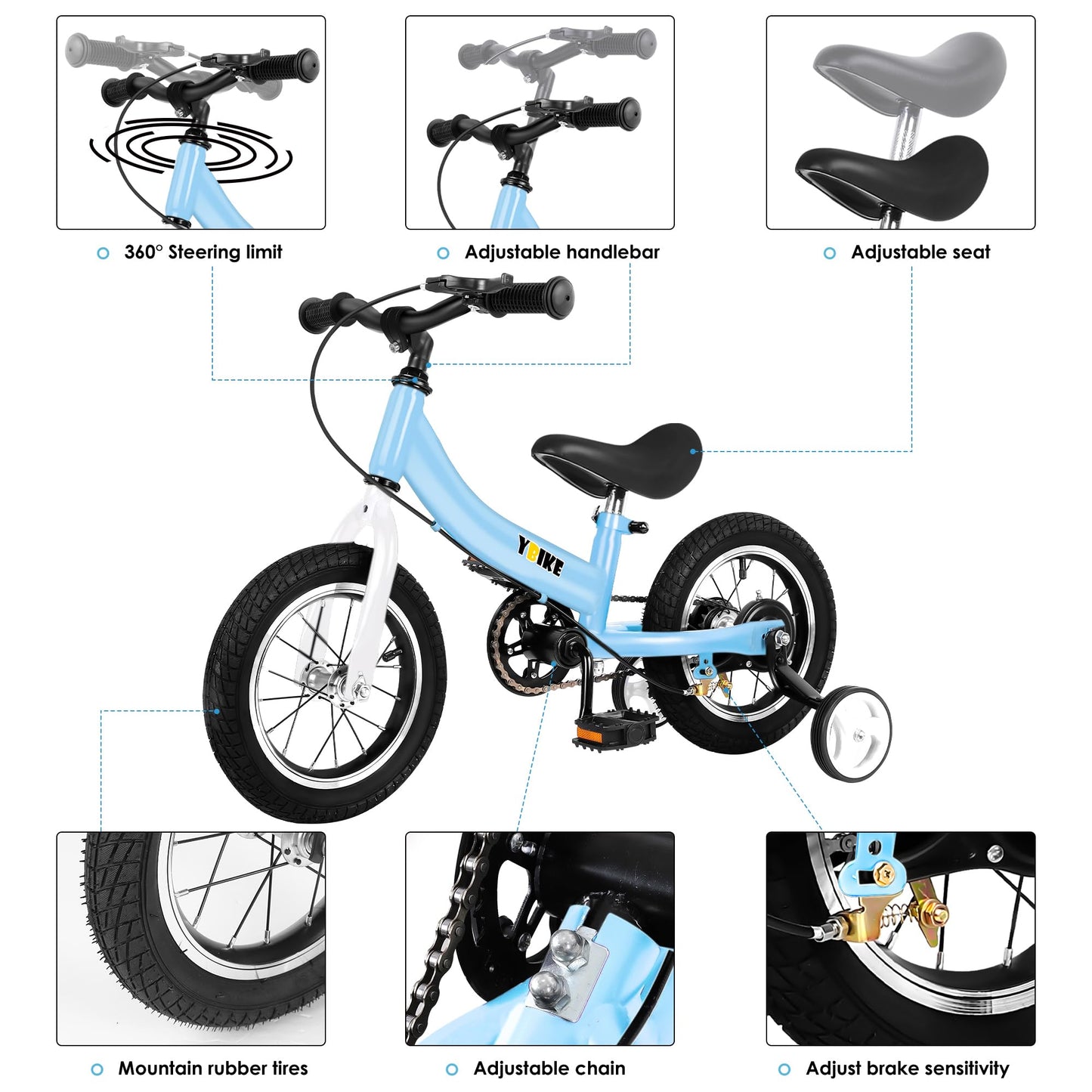 YBIKE 2 in 1 Laufrad, Kinderlaufrad und Kinderfahrrad Dual-Use-Funktion, geeignet für Kinder im Alter von 1-7, 12,14,16 Zoll mit Bremse, Pedal, Trainingstheorie