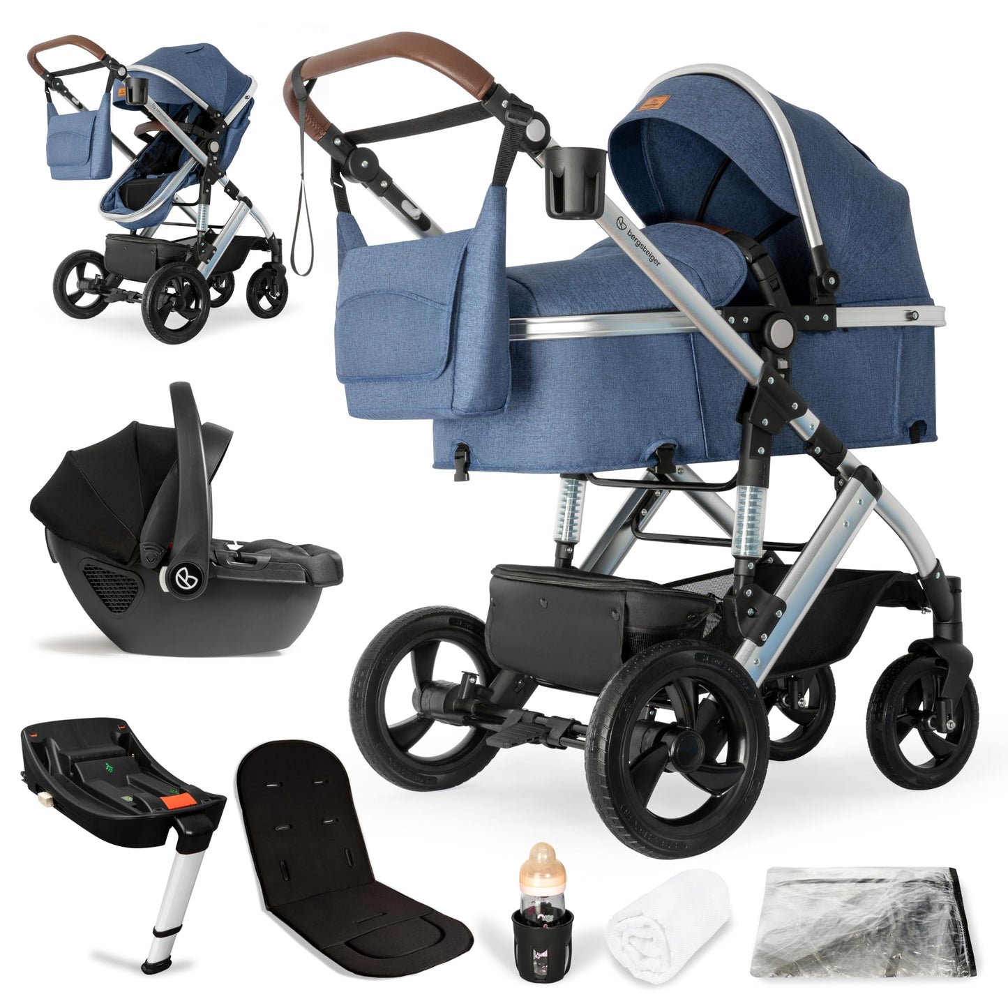 Bergsteiger Nizza 3 in 1 Kinderwagen, Kombikinderwagen Komplettset, Auto-Babyschale & Isofix Station, Babywanne & Buggy Sportsitz inklusive