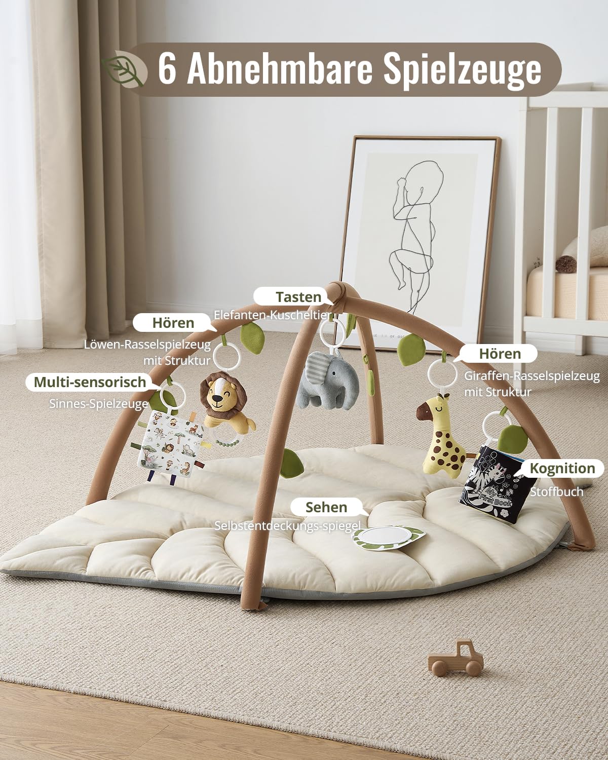 Blissful Diary Spielbogen Baby, Übergroßes Blattförmiges Spieldecke Baby Gym Activity Decke mit 6 Abnehmbare Spielzeuge, krabbeldecke Unverzichtbare Babygeschenke, Waldgrün