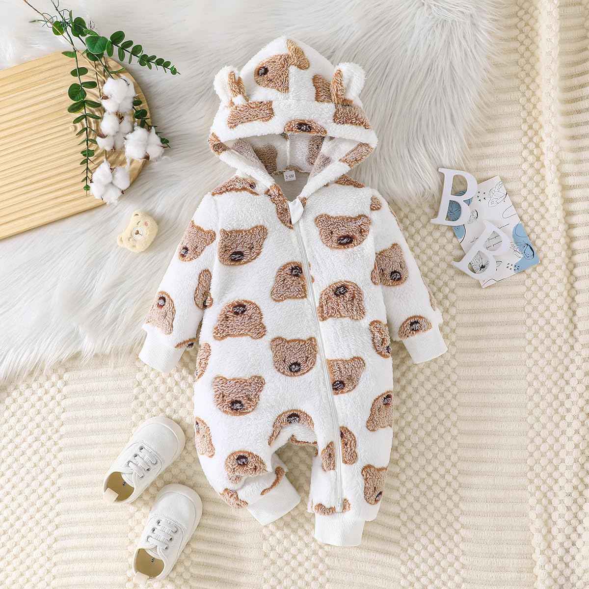 Yanmucy Newborn Baby Winter Romper with Hood Cartoon Bear Baby Snowsuit Warm Fleece Zip Baby Girl Boy Jumpsuit 0-18 Months