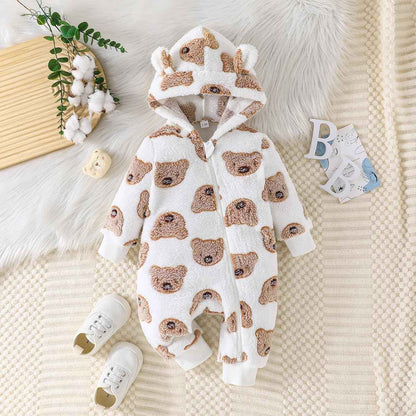 Yanmucy Newborn Baby Winter Romper with Hood Cartoon Bear Baby Snowsuit Warm Fleece Zip Baby Girl Boy Jumpsuit 0-18 Months