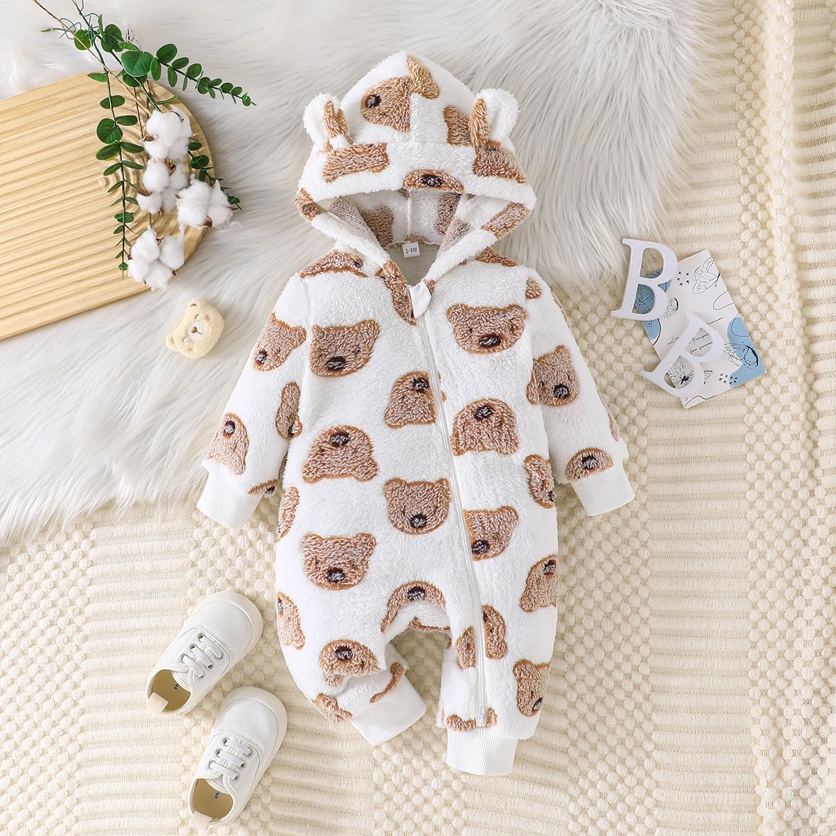 Yanmucy Newborn Baby Winter Romper with Hood Cartoon Bear Baby Snowsuit Warm Fleece Zip Baby Girl Boy Jumpsuit 0-18 Months