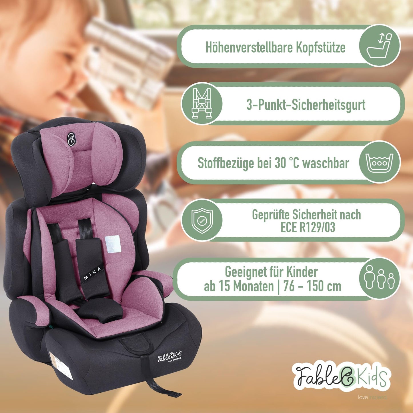 FableKids Kinderautositz 9-36 kg | 3-Punkt-Sicherheitsgurt | Autokindersitz ab 15 M. | Autositz für Kinder 76-150 cm | Kindersitz einstellbare Kopfstütze ECE R129/03 | Verstellbar | Schwarz