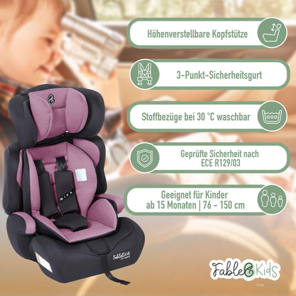 FableKids Kinderautositz 9-36 kg | 3-Punkt-Sicherheitsgurt | Autokindersitz ab 15 M. | Autositz für Kinder 76-150 cm | Kindersitz einstellbare Kopfstütze ECE R129/03 | Verstellbar | Schwarz - Meloni2