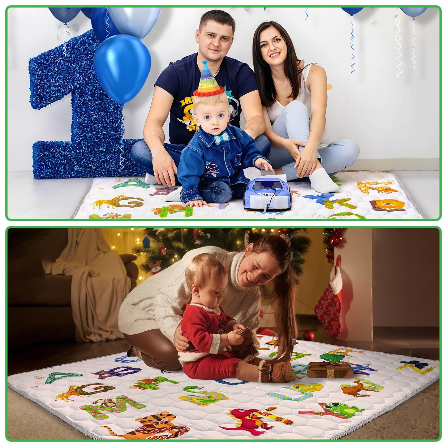 Funsland crawling carpet for babies, non-slip baby play mat, non-toxic 127x127cm, cotton animal crawling mat for babies, foldable with a height ruler, children's play mat for indoors/outdoors/fences 